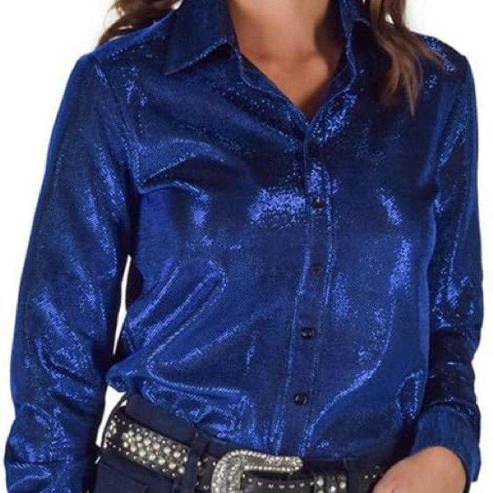 Blue Metallic Shimmer Stretch Jersey Pullover Button-Up